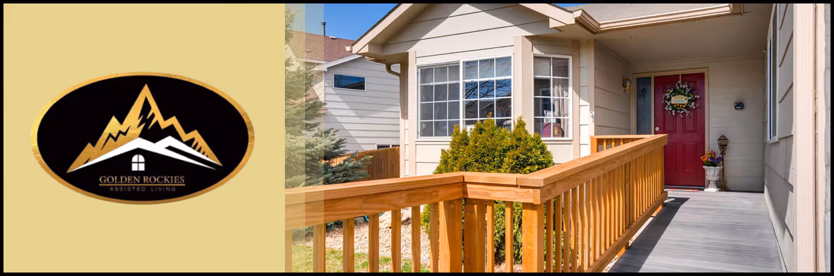 Exterior front entry with a wooden ramp leading to a red front door, shown alongside the Golden Rockies Assisted Living logo.