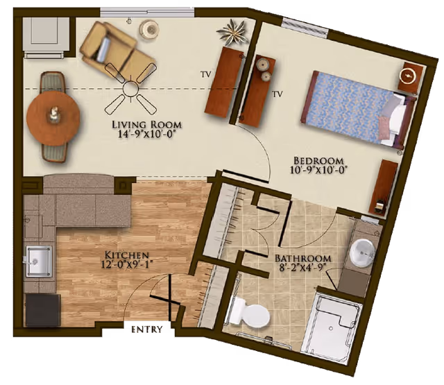 Floor plan of a senior living unit at Harmony at Oakbrooke showing a living room with a chair, table, and TV, a bedroom with a bed and TV, a kitchen with a sink and counter, and a bathroom with a toilet, sink, and shower.