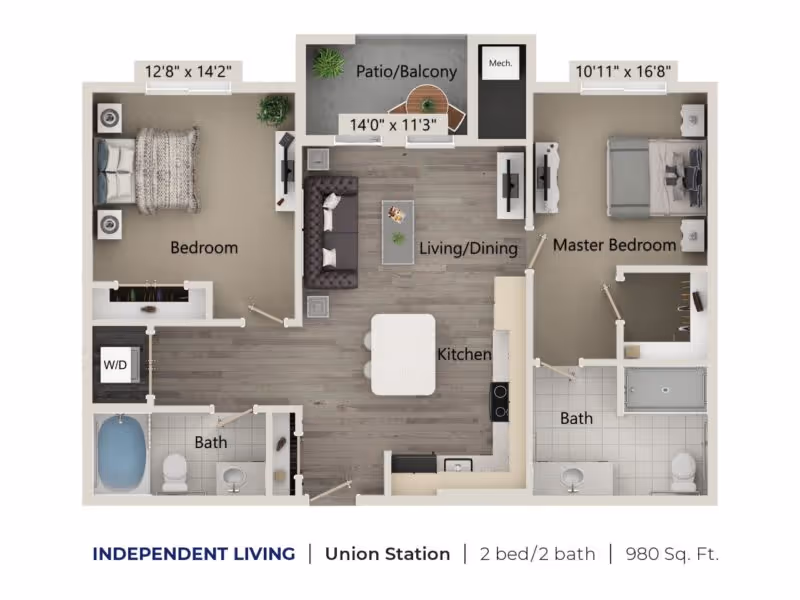 Floor plan of an independent living apartment named Union Station at Harper’s Station Gainesville, showing two bedrooms, two bathrooms, a kitchen, living/dining area, and a patio/balcony. The master bedroom includes an attached bath, and the second bedroom is adjacent to the second bath. Dimensions for rooms and patio are indicated.