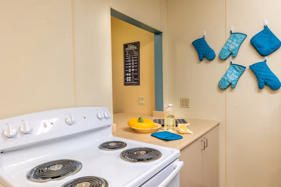 A kitchen area with a white electric stove in the foreground. On the beige countertop, there is a yellow pumpkin-shaped dish, a bottle of cooking oil, a lemon squeezer, and a blue oven mitt. Several blue oven mitts and pot holders are hanging on the wall to the right. A kitchen conversion chart is visible on the wall through a pass-through window.
