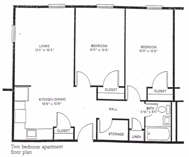 Black-and-white floor plan of a two-bedroom apartment showing living room, kitchen/dining area, two bedrooms, bath, closets, linen, storage and hall.