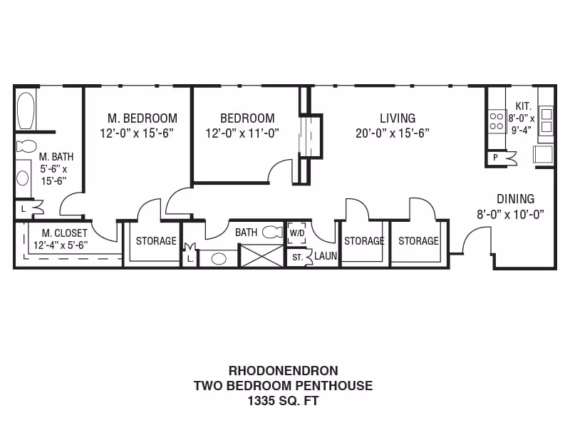 Architectural floor plan of a two-bedroom penthouse named Rhododendron with a total area of 1335 square feet. The layout includes a master bedroom with an attached master bathroom and closet, a second bedroom, a living room, a kitchen, a dining area, a second bathroom, laundry area, and multiple storage spaces.