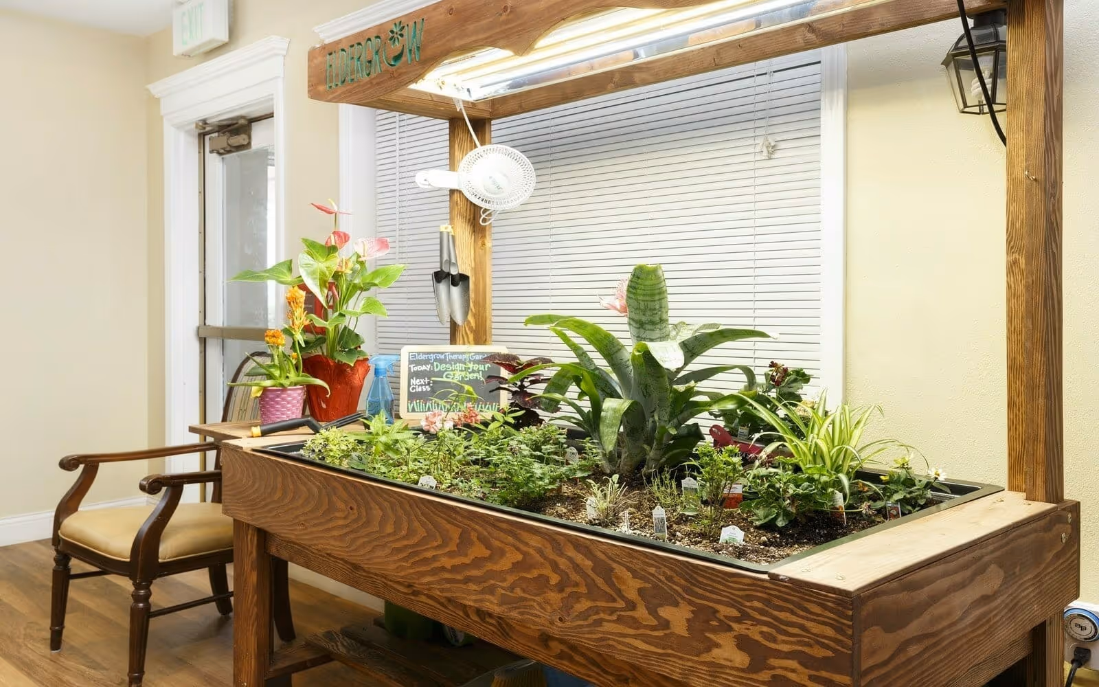 Indoor gardening table with various plants and flowers growing in soil, situated in a room with wooden flooring and a wooden chair nearby. A small fan and gardening tools hang above the table, and a chalkboard sign with gardening activity information is visible. The room has a door with a glass panel and window blinds in the background.