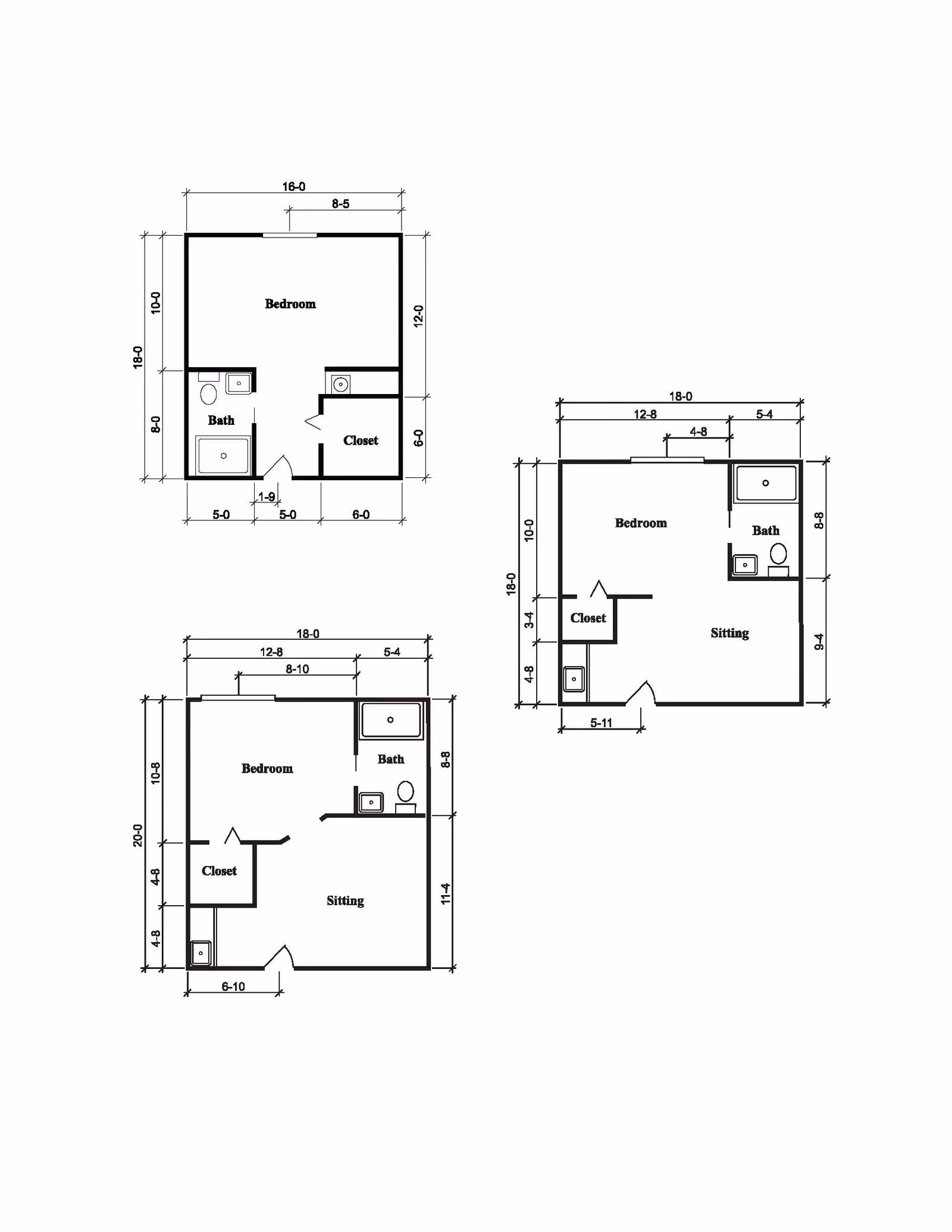Architectural floor plans showing three different layouts of bedrooms with attached bathrooms, closets, and sitting areas. Each layout includes measurements for room dimensions and placement of fixtures.