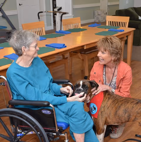 An elderly woman in a wheelchair wearing a teal outfit is interacting with a brown and black dog wearing a red vest. A smiling woman with short blonde hair, dressed in an orange jacket, is kneeling beside the dog. They are in a room with a wooden table set with green placemats and blue napkins, and wooden chairs around it.