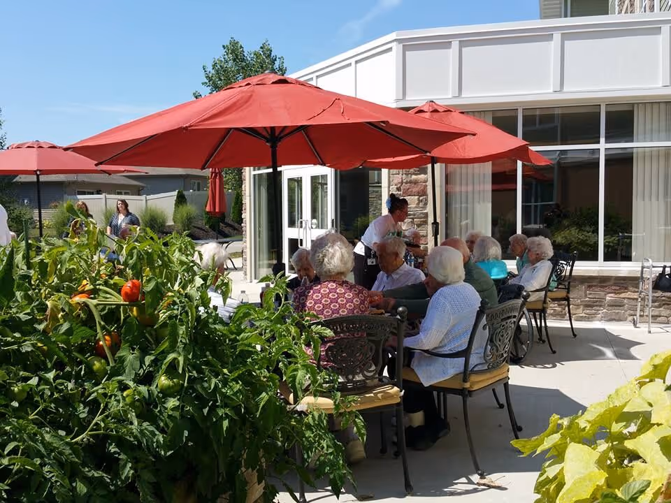 A group of elderly people sitting around a table under red patio umbrellas outside a building, with a caregiver attending to them. There are green plants and tomato vines in the foreground, and a clear blue sky above.