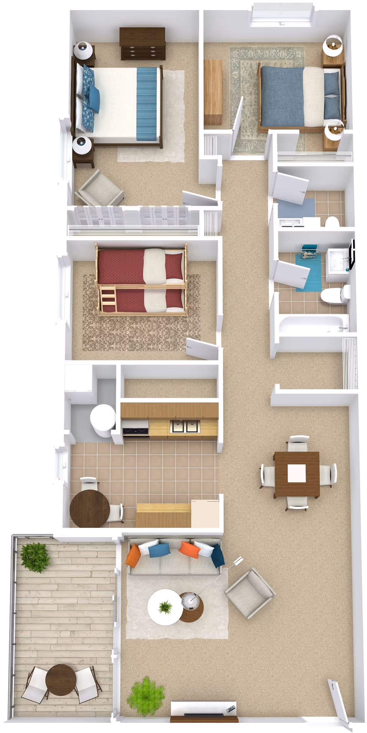 Top-down floor plan of an apartment showing two bedrooms, a bathroom, kitchen with dining area, living room with sofa and armchair, and an outdoor patio with table and chairs. The bedrooms include one with a double bed and another with bunk beds. The bathroom has a bathtub, toilet, and sink. The living room has a TV and colorful cushions on the sofa.