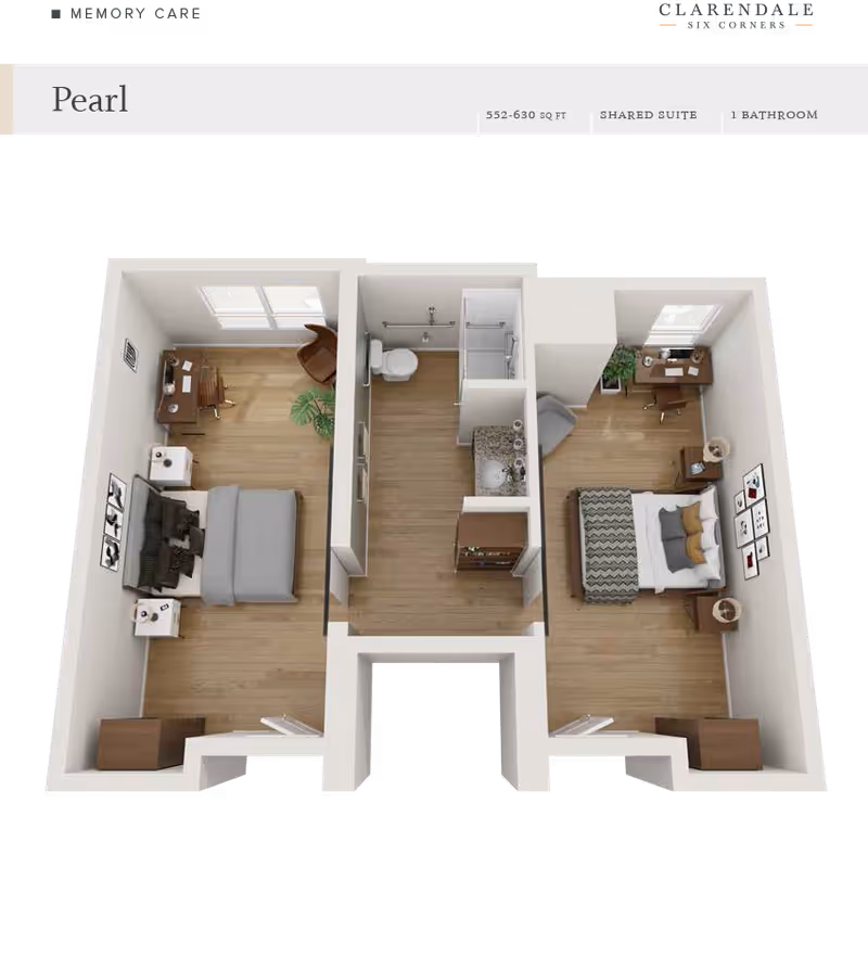3D floor plan showing a shared suite with two bedrooms on either side of a central bathroom and entryway.