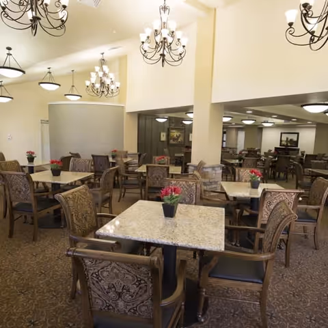 A spacious dining room with multiple square tables topped with small potted plants with red flowers. The room features ornate wooden chairs with patterned upholstery, carpeted flooring, and several elegant chandeliers and ceiling lights providing warm illumination.