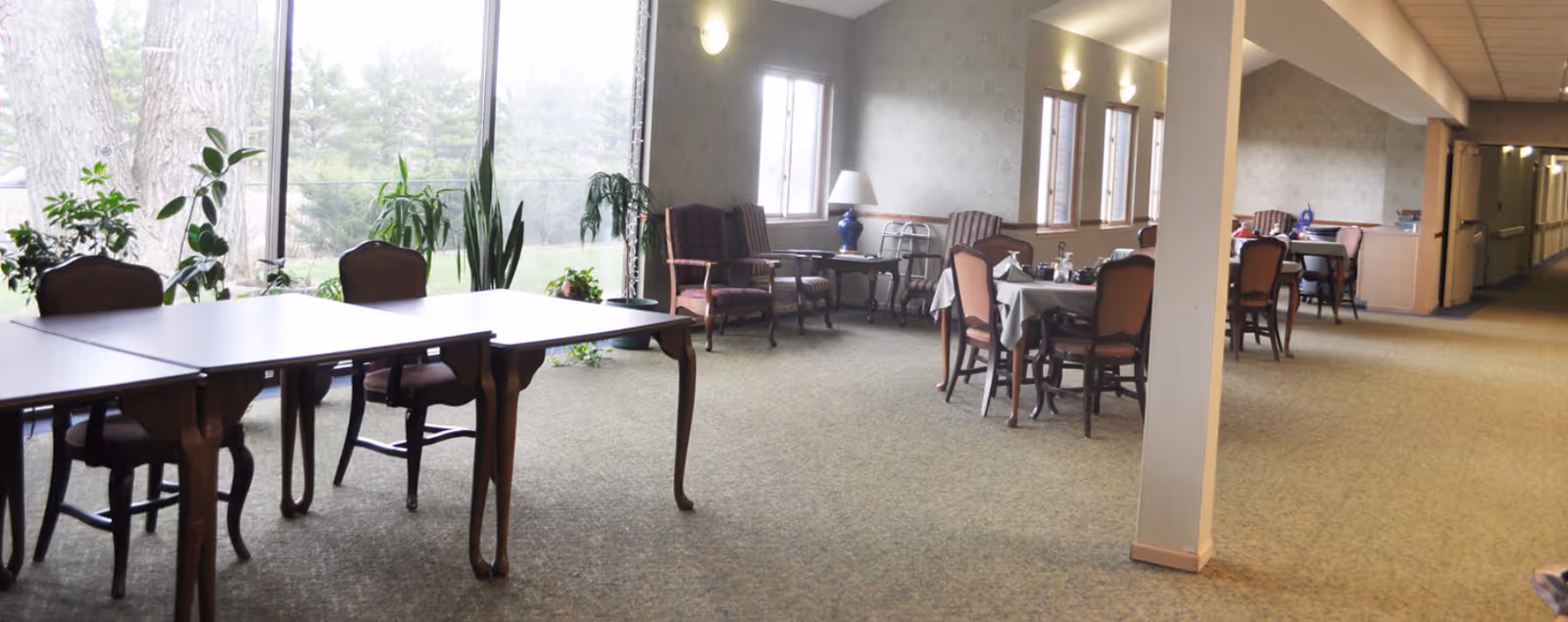 A spacious common area in a senior living facility with several tables and chairs arranged for seating. Large windows on the left side let in natural light and show greenery outside. There are potted plants near the windows and upholstered armchairs along the wall. The carpet is green, and the walls have a subtle patterned wallpaper. A hallway extends to the right.