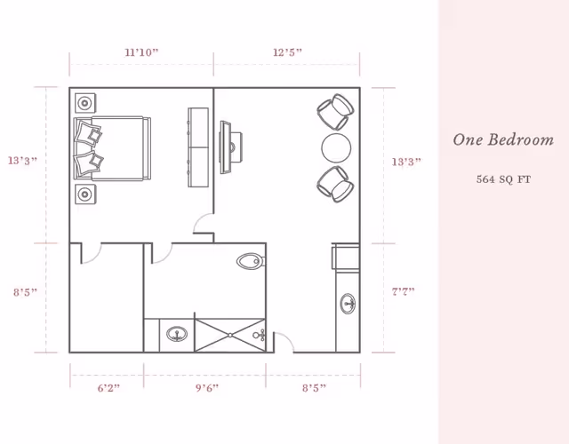 Floor plan of a one-bedroom apartment measuring 564 square feet, showing a bedroom with a bed and nightstands, a living area with two chairs and a round table, a bathroom with a toilet, sink, and shower, and a kitchen area with a sink and counter space.