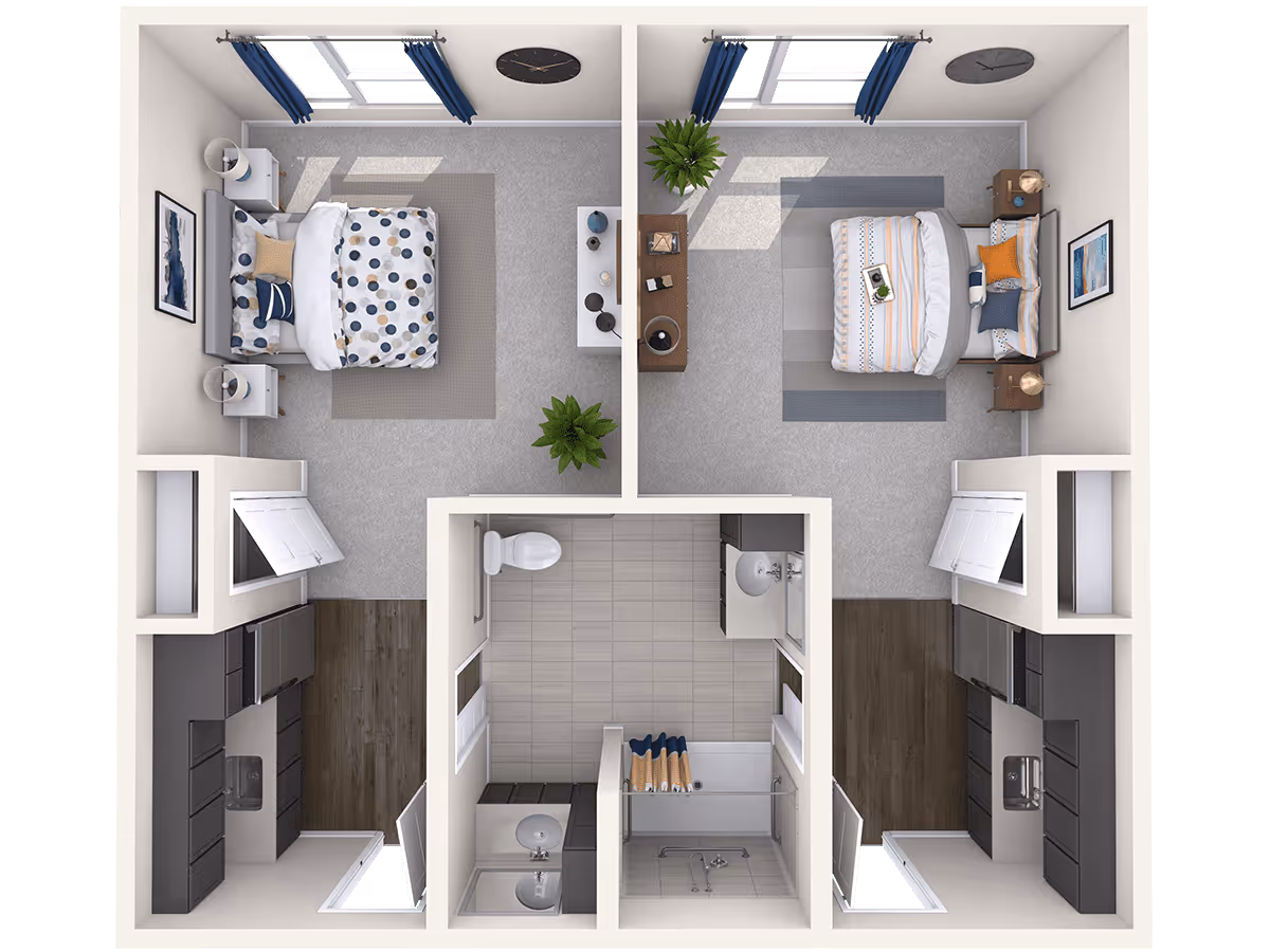 Top-down view of a two-bedroom apartment floor plan featuring two bedrooms with beds, nightstands, and windows with blue curtains. Each bedroom has a clock on the wall and a dresser. The center of the apartment contains a bathroom with a toilet, sink, and shower. Adjacent to each bedroom is a kitchen area with dark cabinets, a sink, and appliances. The flooring varies between carpet in the bedrooms and tile or wood in the kitchen and bathroom areas.