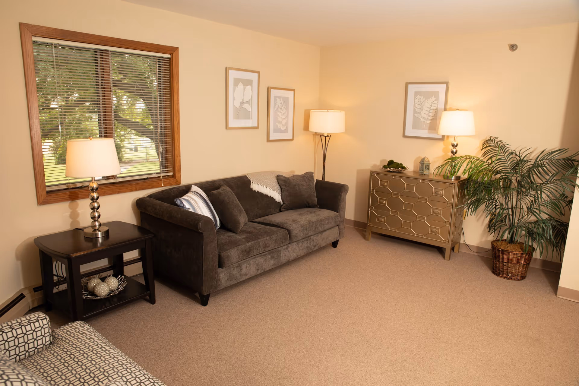 Well-lit living room with a gray sofa, side tables and lamps, a decorative dresser, potted plant and framed artwork.