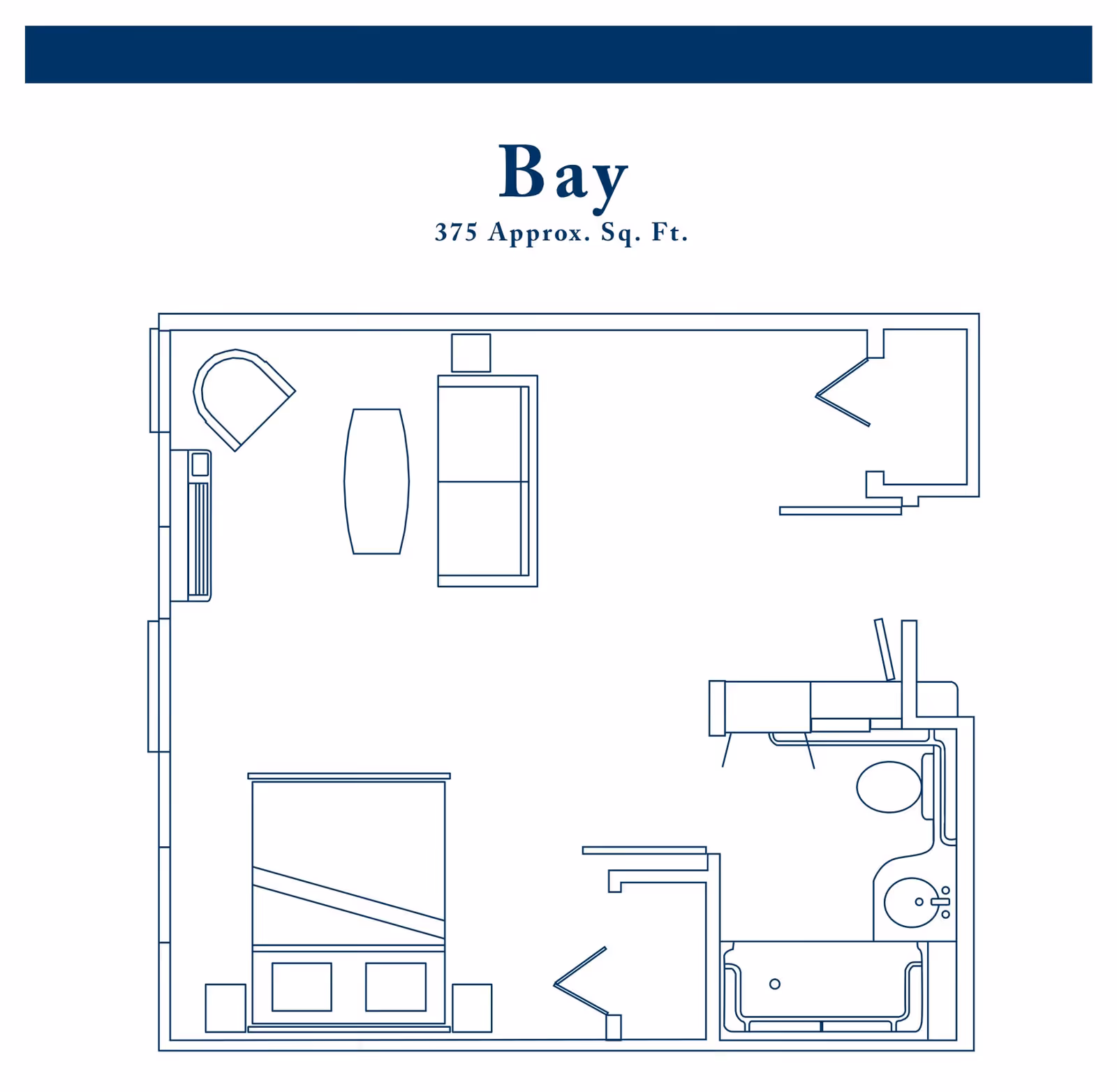 Architectural floor plan labeled 'Bay' showing a 375 square foot living space with a bedroom area, living area with sofa and chair, and a bathroom with bathtub, toilet, and sink.