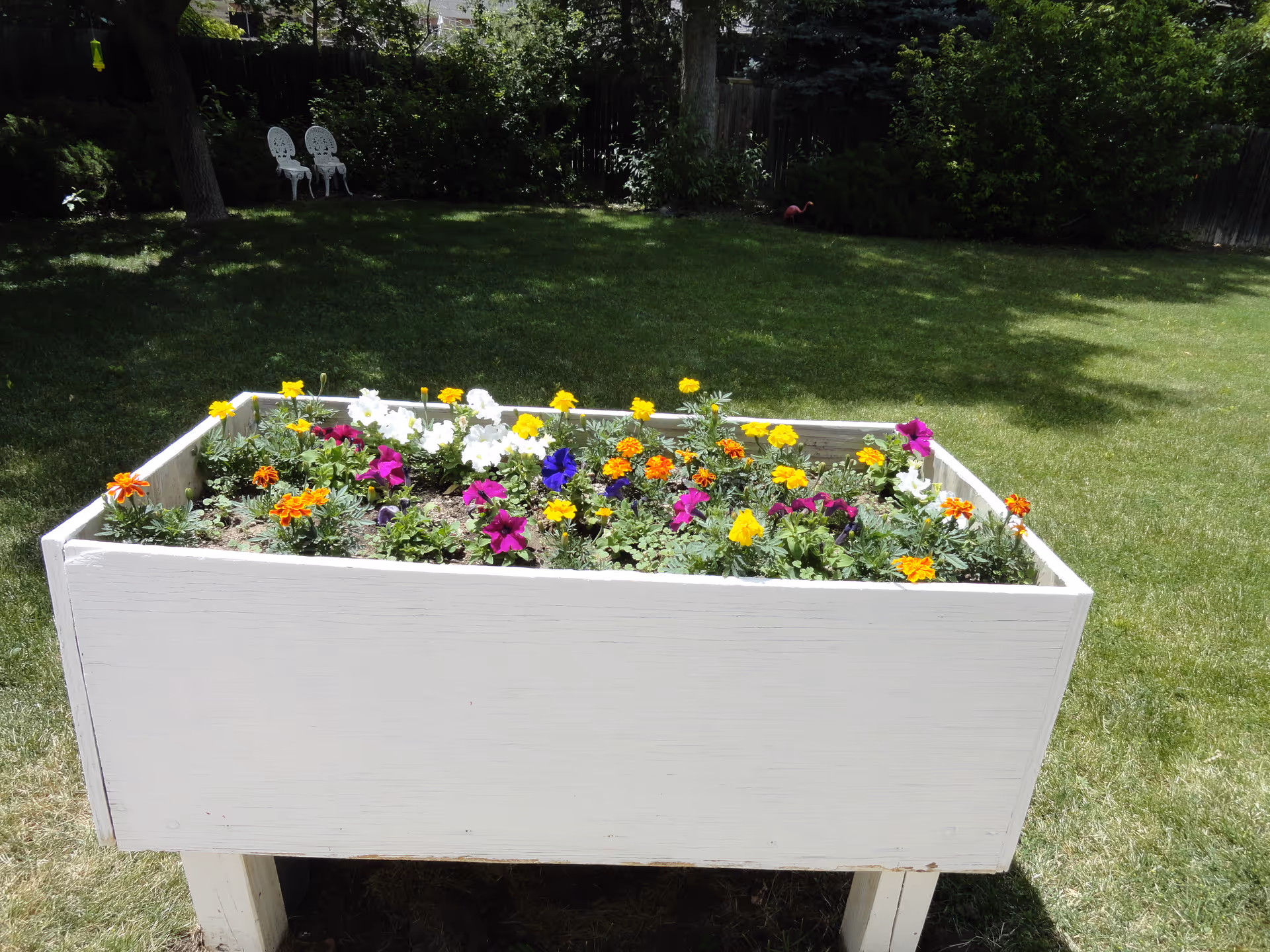 A raised white wooden planter box filled with colorful flowers including yellow, orange, purple, and white blooms, set on a green lawn with trees and bushes in the background. Two white chairs are visible in the shaded area behind the planter.