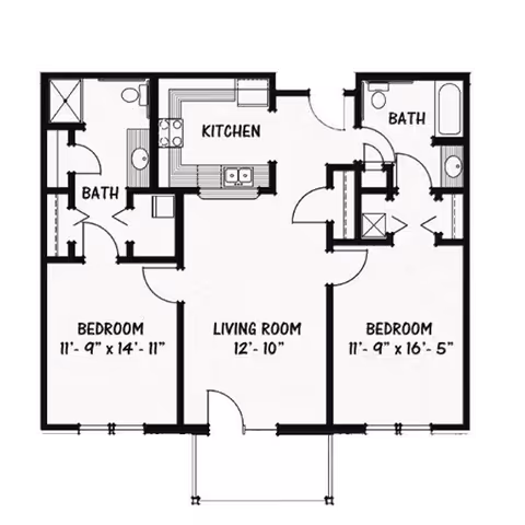 Architectural floor plan of a two-bedroom apartment featuring a central living room, a kitchen adjacent to the living room, two bathrooms, and two bedrooms with dimensions labeled.