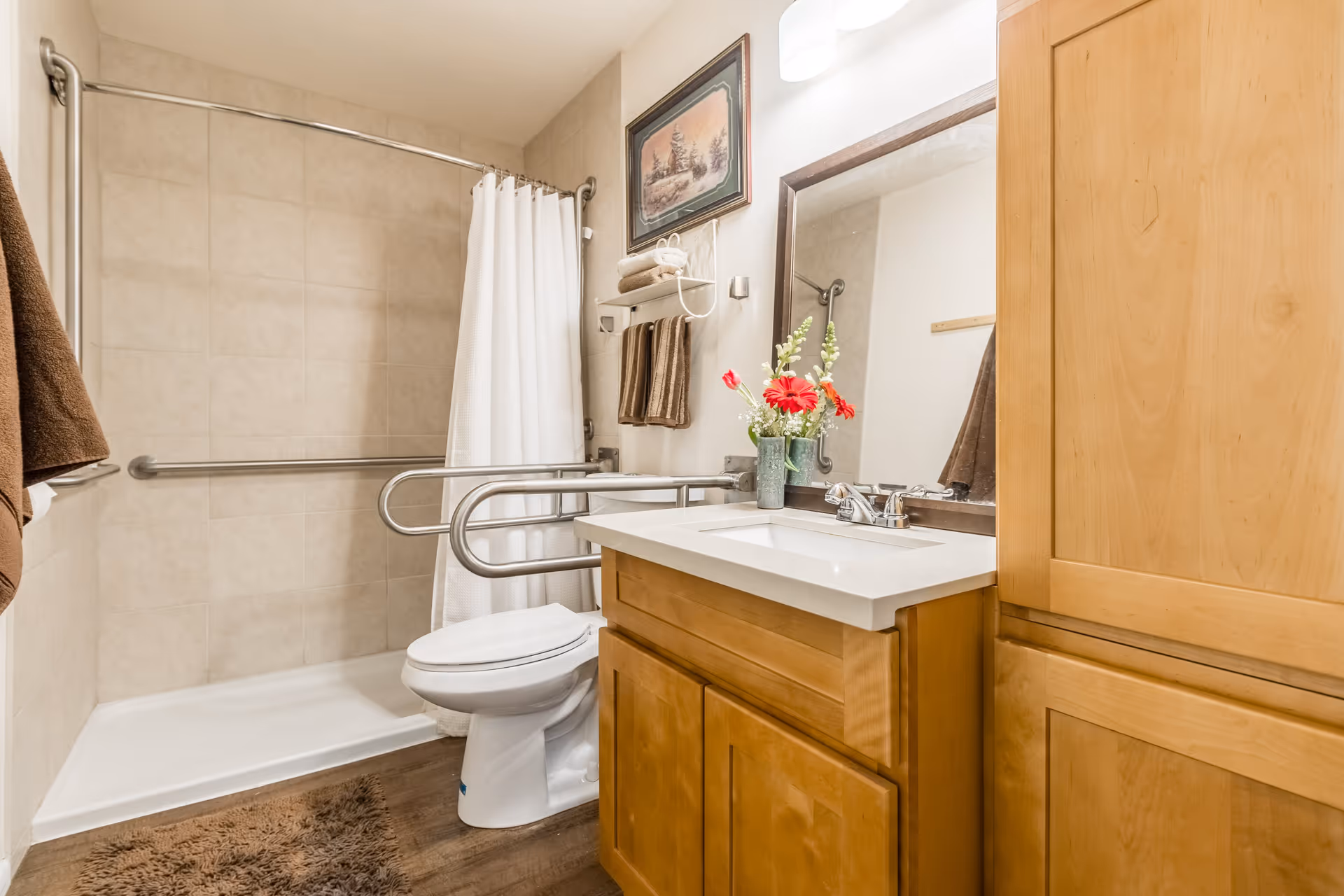 Accessible bathroom with a shower and grab bars, toilet, wooden vanity with sink and mirror, and a tall cabinet.