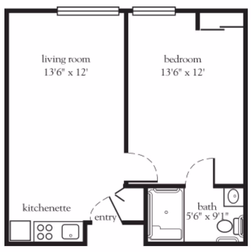 Black-and-white floor plan of a one-bedroom apartment labeled living room, bedroom, kitchenette, entry and bath with dimensions.