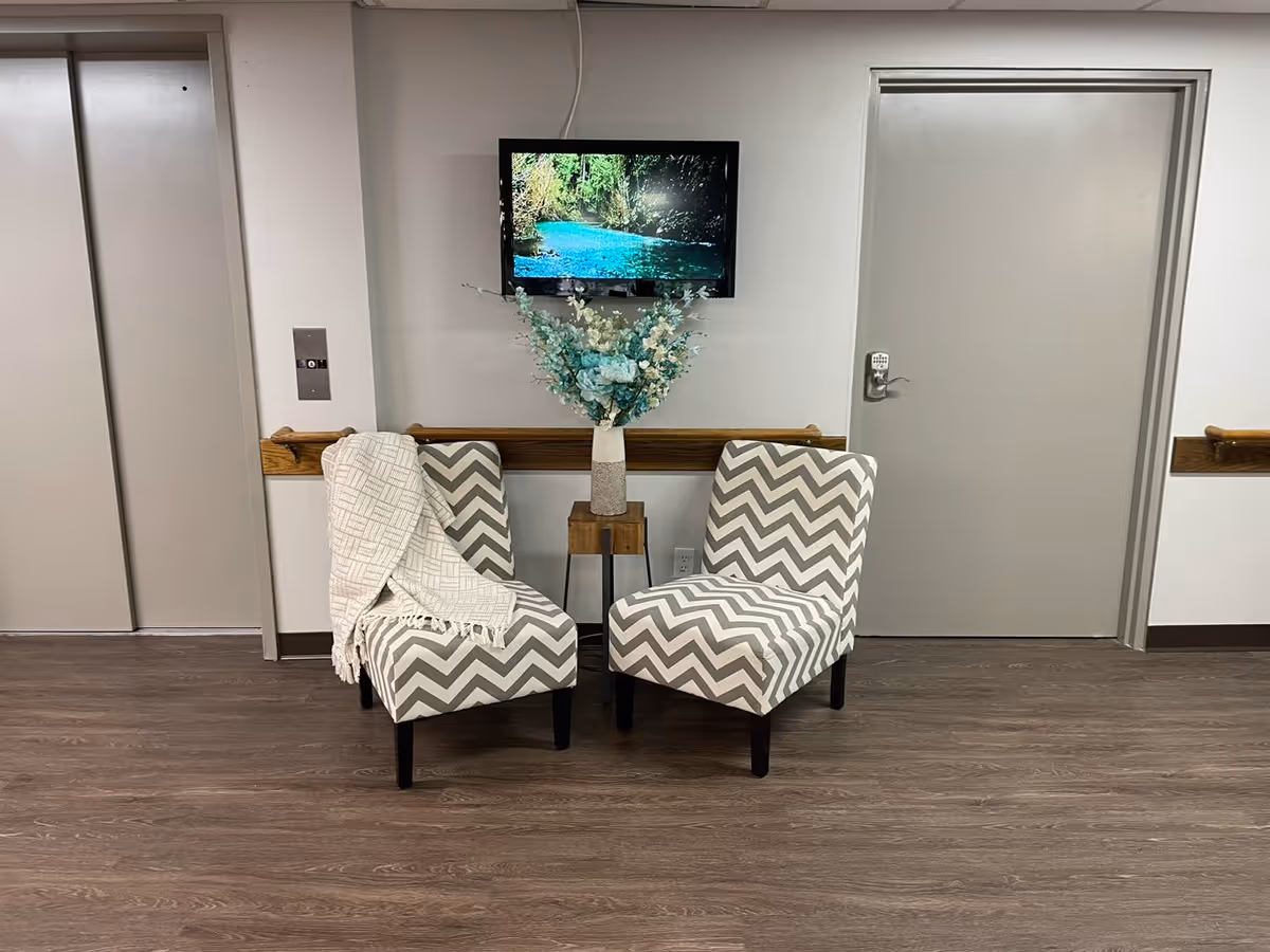 Two chevron-patterned chairs with a white throw blanket on one, positioned around a small wooden table holding a vase with blue and white flowers. Behind the chairs is a wall-mounted TV displaying a nature scene with a river and greenery. The setting appears to be a hallway with two closed doors and an elevator door on either side.