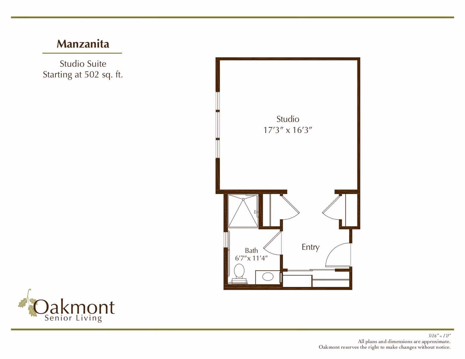 Floor plan of the Manzanita studio suite at Oakmont Senior Living, showing a studio area measuring 17 feet 3 inches by 16 feet 3 inches, an entry area, and a bathroom measuring 6 feet 7 inches by 11 feet 4 inches.