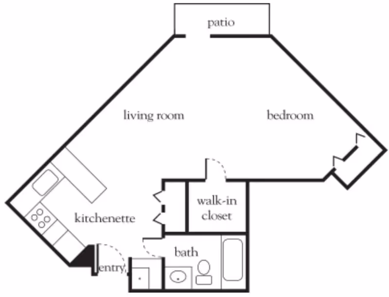 Floor plan of a living space showing a kitchenette, entry, bath, walk-in closet, living room, bedroom, and patio.