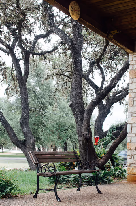 A wooden bench with black metal armrests and legs sits on a gravel patio under a wooden roof. Behind the bench, there are large trees and green bushes. A red hummingbird feeder hangs from one of the tree branches. Part of a stone building is visible on the right side.