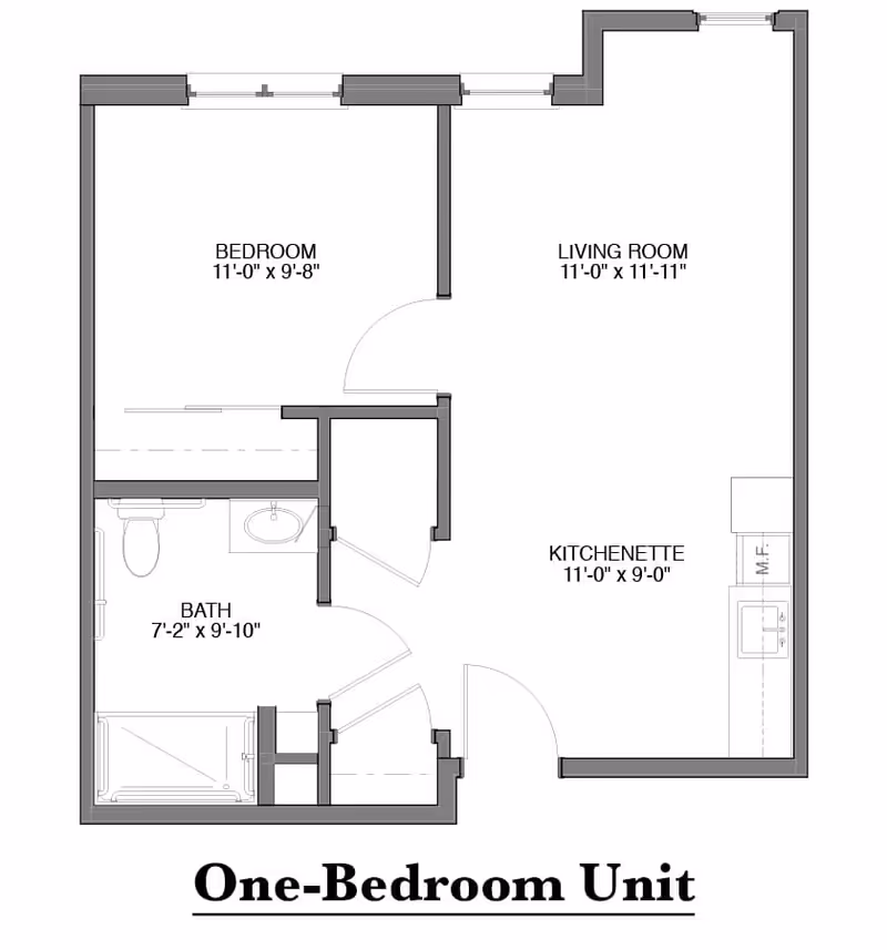 Architectural floor plan of a one-bedroom unit showing a bedroom, living room, kitchenette, and bathroom with dimensions.