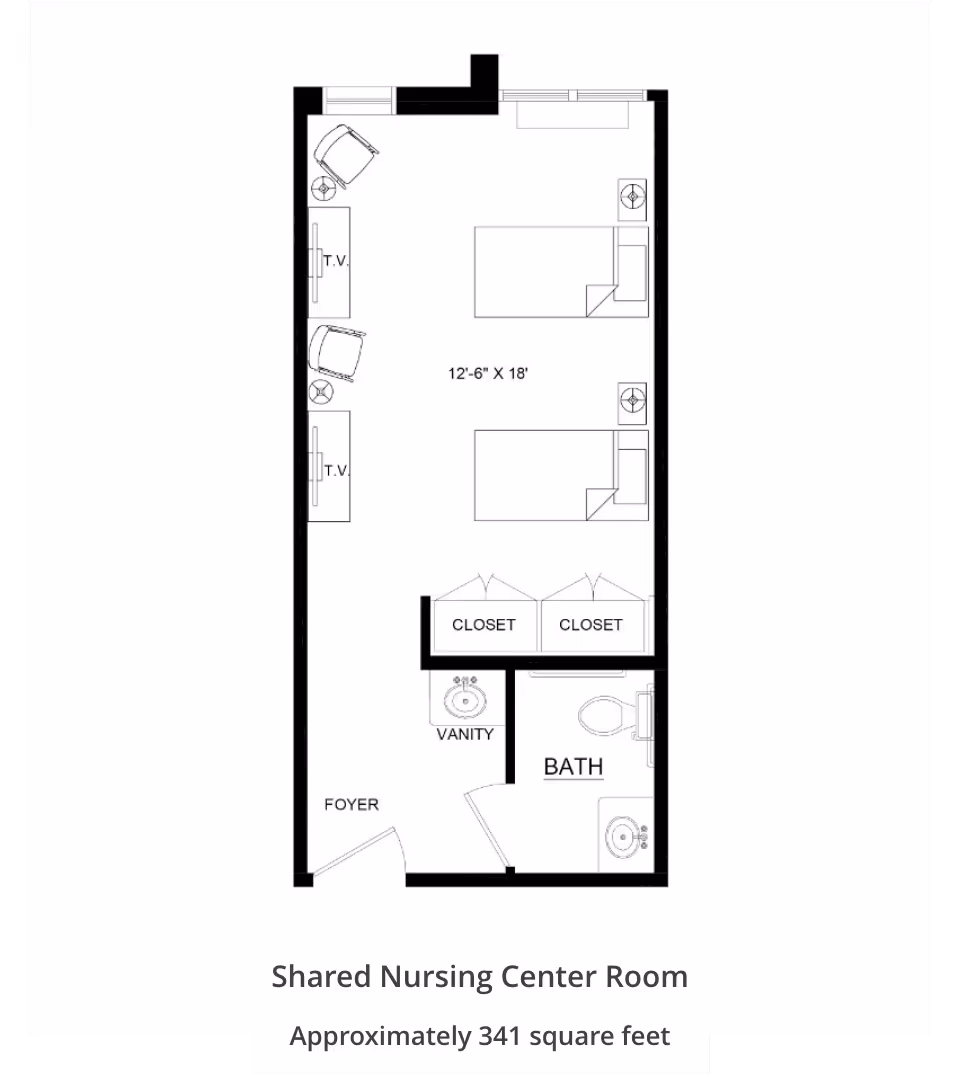 Black-and-white floor plan titled "Shared Nursing Center Room" showing two beds, two closets, a vanity, a bathroom, a foyer, and room dimensions.