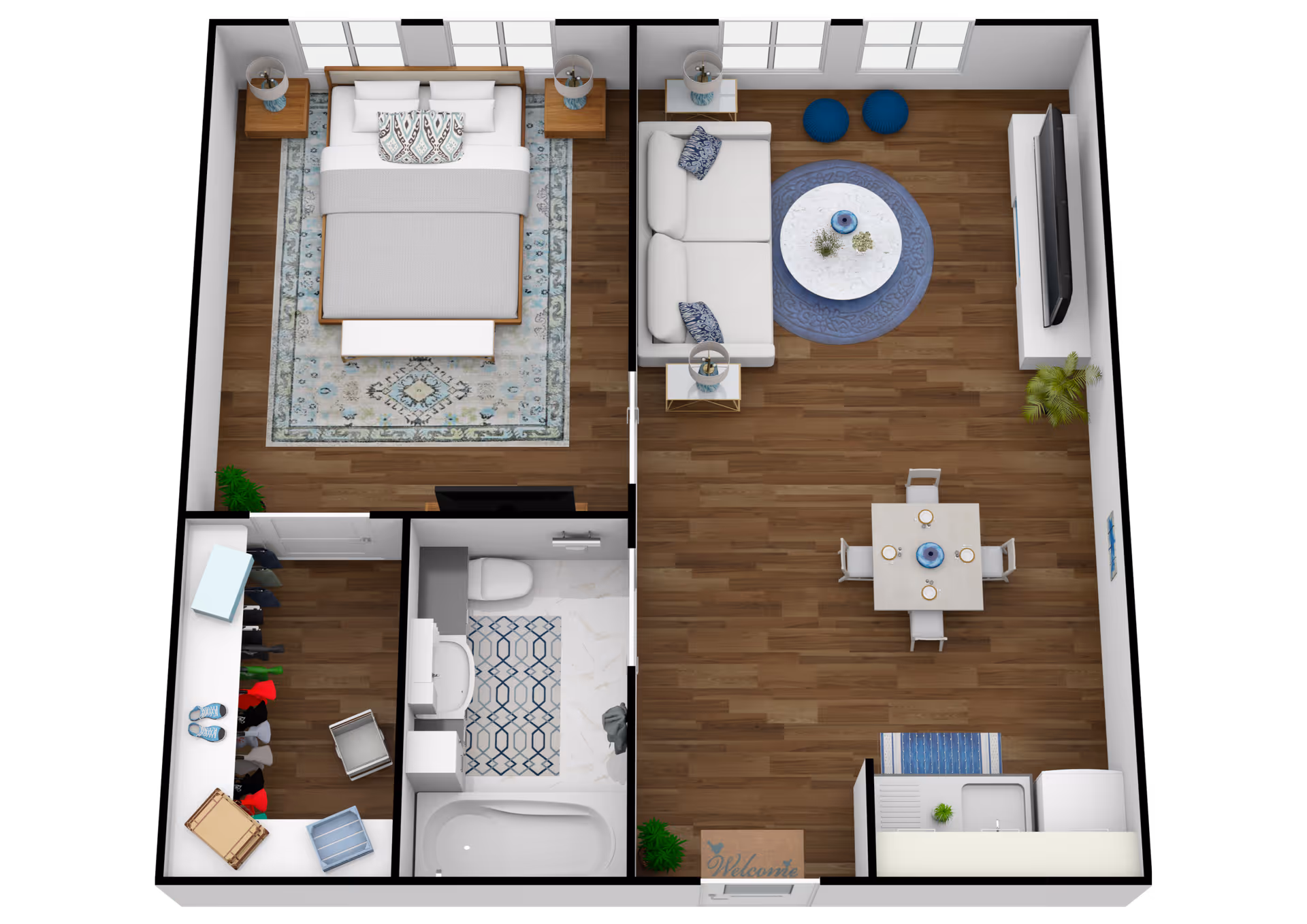 3D floor plan of a one-bedroom apartment with a bedroom featuring a bed, nightstands, and a rug; a living room with a sofa, coffee table, TV, dining table with chairs, and two poufs; a bathroom with a bathtub, toilet, and sink; and a walk-in closet with clothes and shoes.