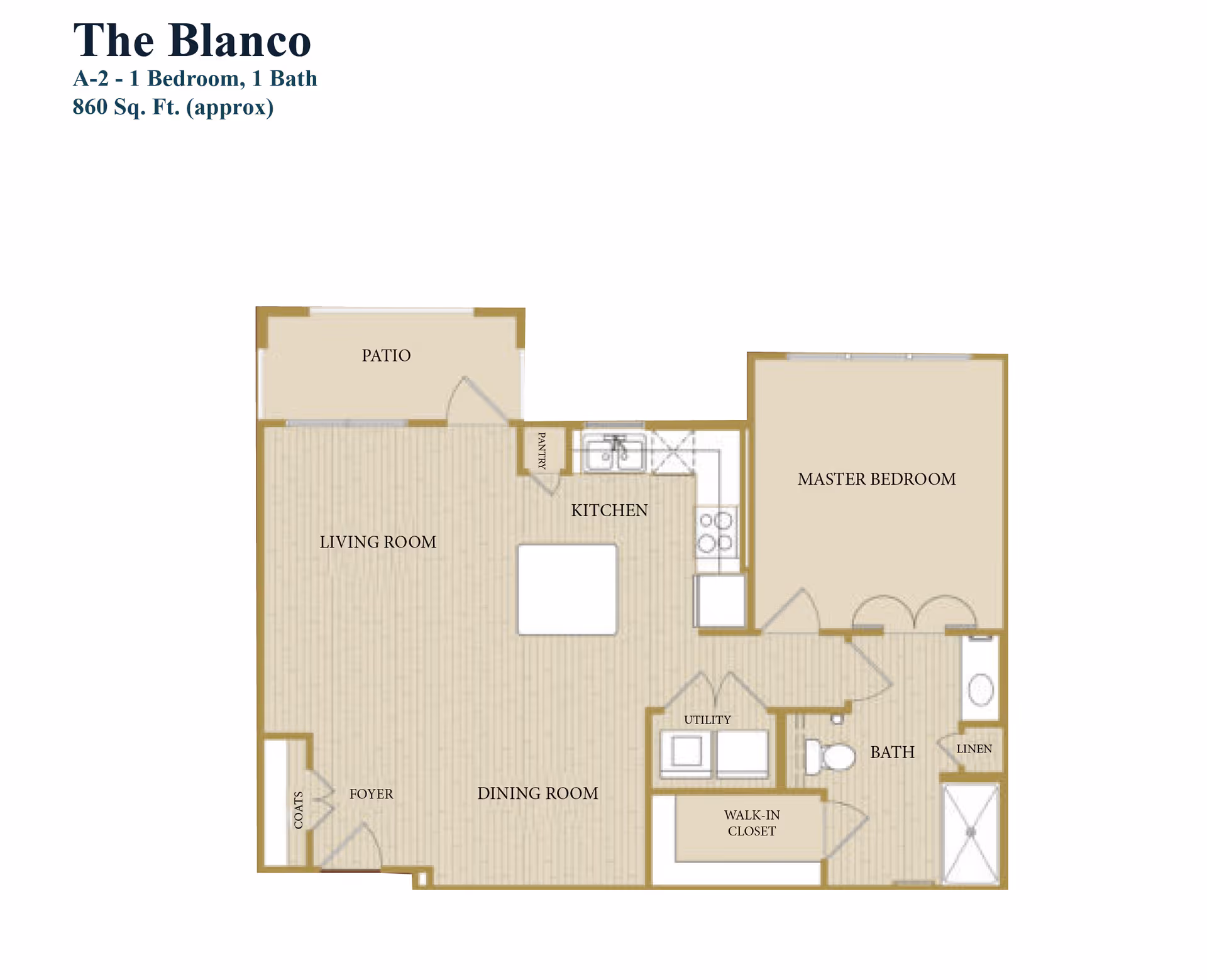 Floor plan of The Blanco, a 1 bedroom, 1 bath apartment with approximately 860 square feet. The layout includes a patio, living room, kitchen with pantry, dining room, foyer with coat closet, master bedroom, bathroom with linen closet, utility area, and a walk-in closet.