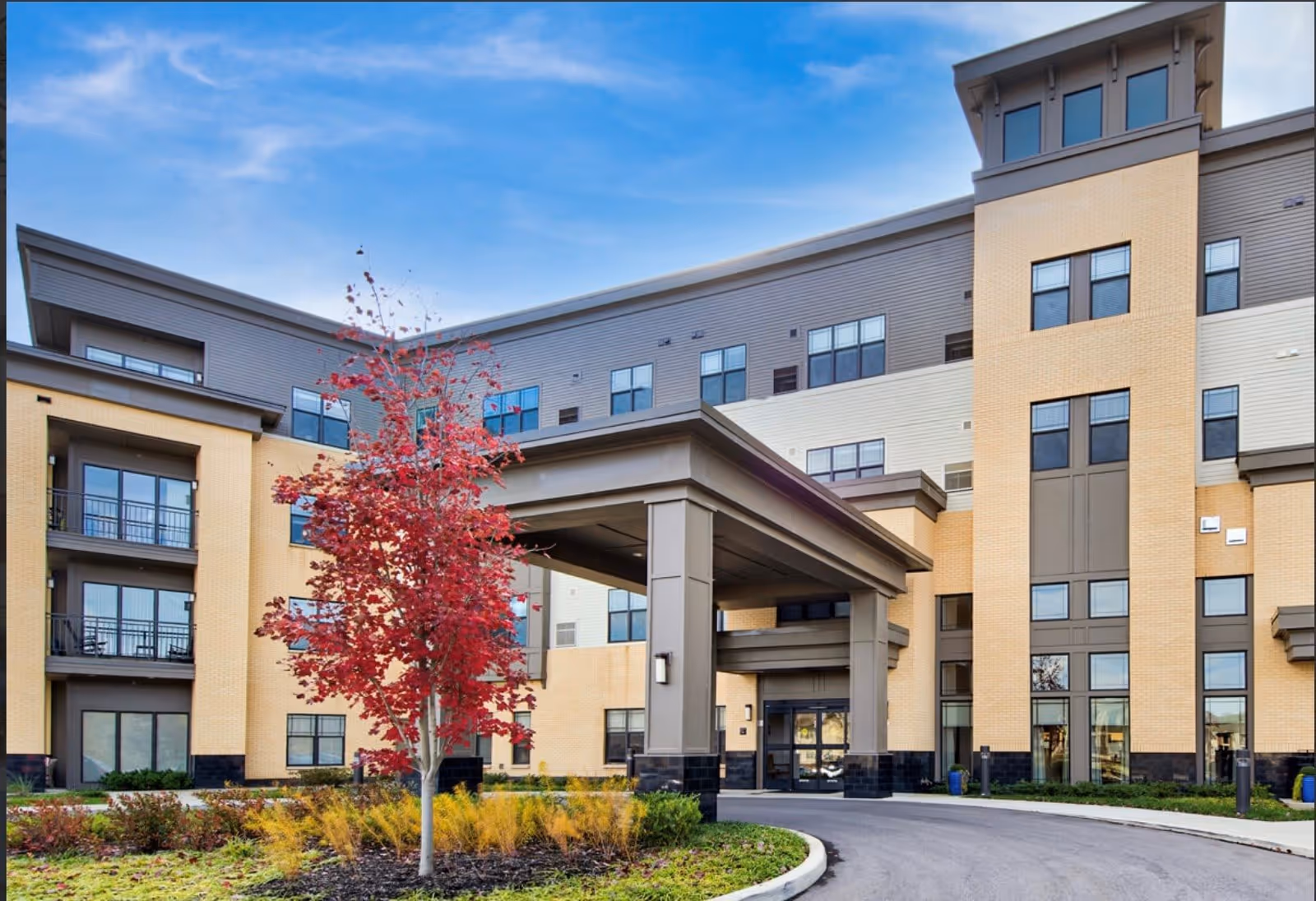 Exterior view of Clarendale at Bellevue Place, a multi-story senior living facility with a covered entrance, beige and gray facade, multiple windows, and a landscaped area with a tree featuring red leaves.