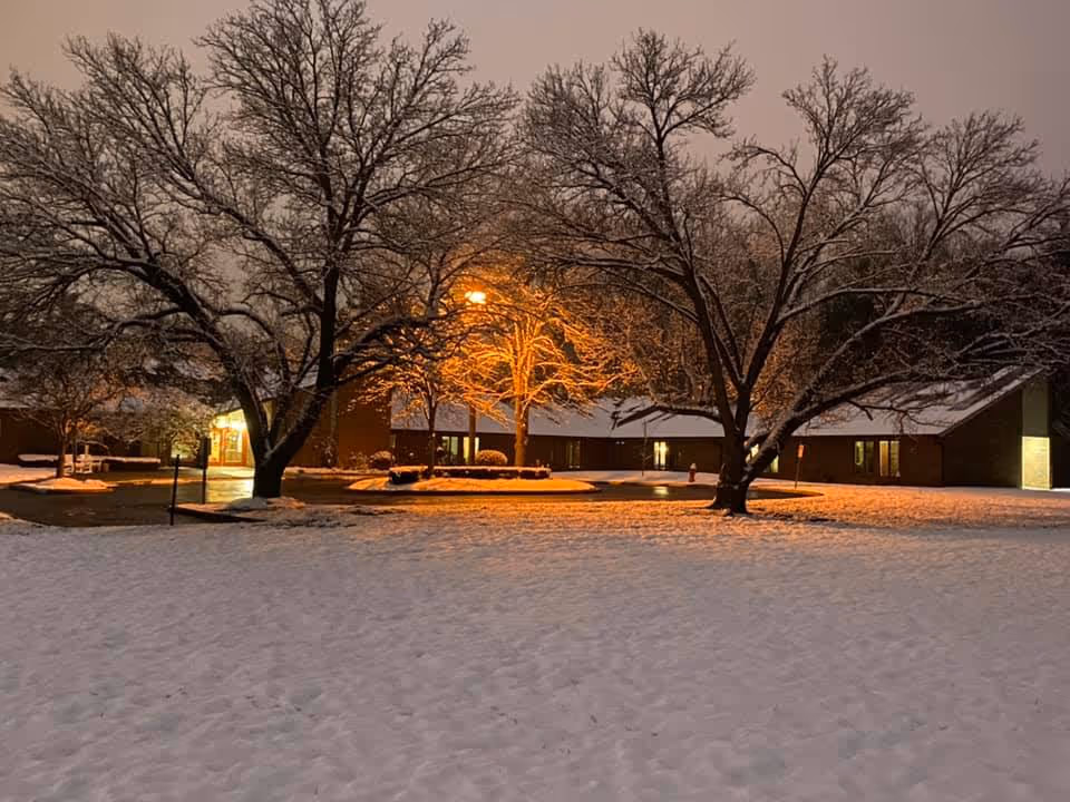 Snow-covered ground and trees with bare branches illuminated by a streetlamp at night in front of a single-story brick building with lit windows and entrances.