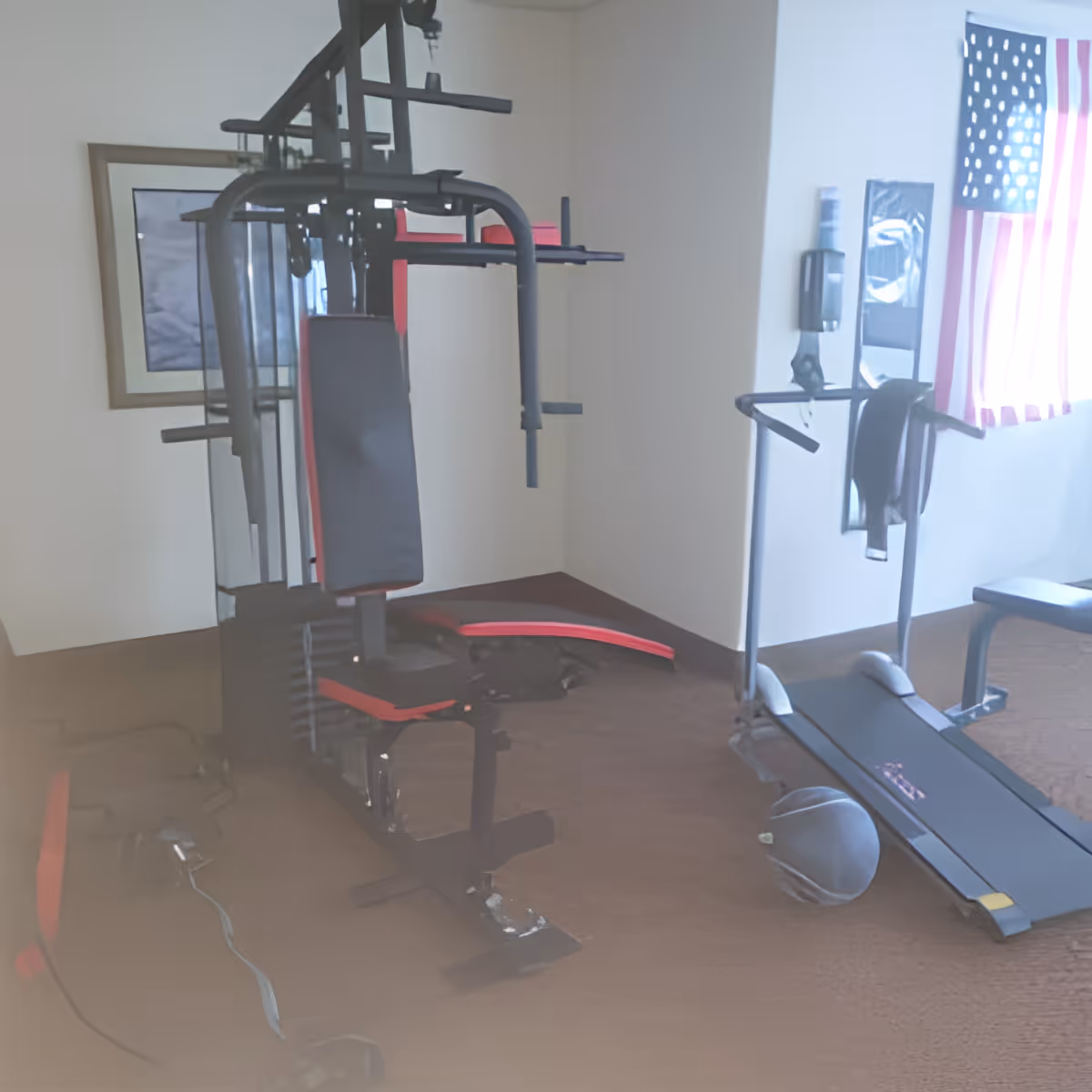 Small fitness room with a multi-station weight machine, treadmill and a medicine ball near a window with an American flag.