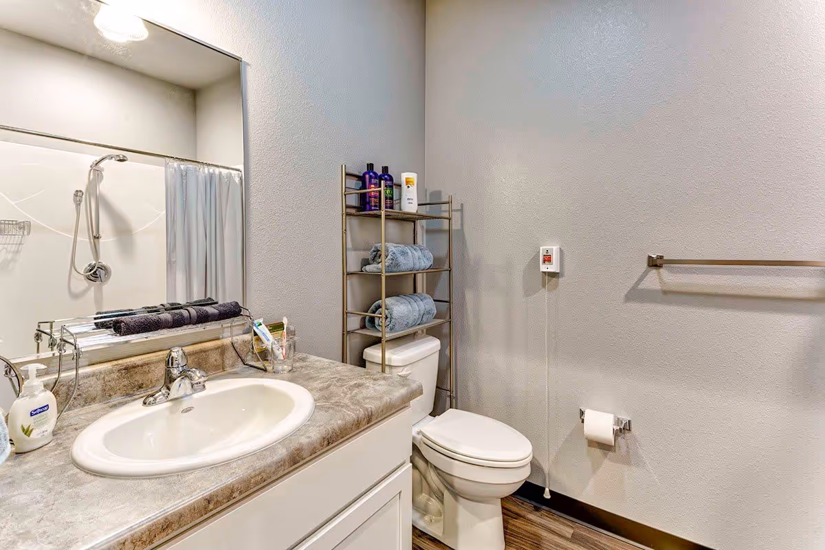 Bathroom with a sink and vanity, mirror, toilet with shelving holding towels and toiletries, and a shower with a curtain.