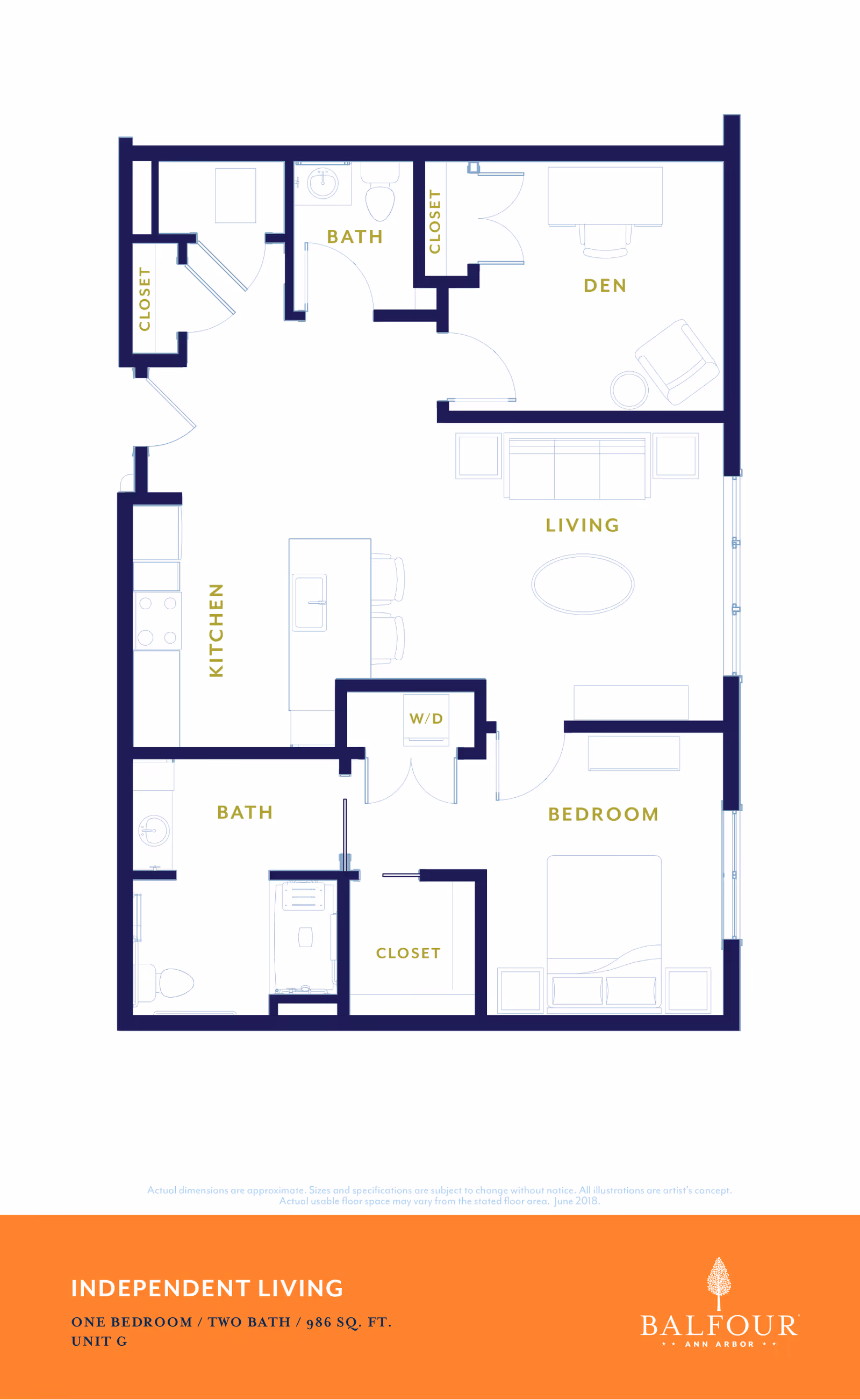 Floor plan of an independent living unit with one bedroom, two bathrooms, a kitchen, living room, den, closets, and washer/dryer area. The layout shows labeled rooms and furniture placement.