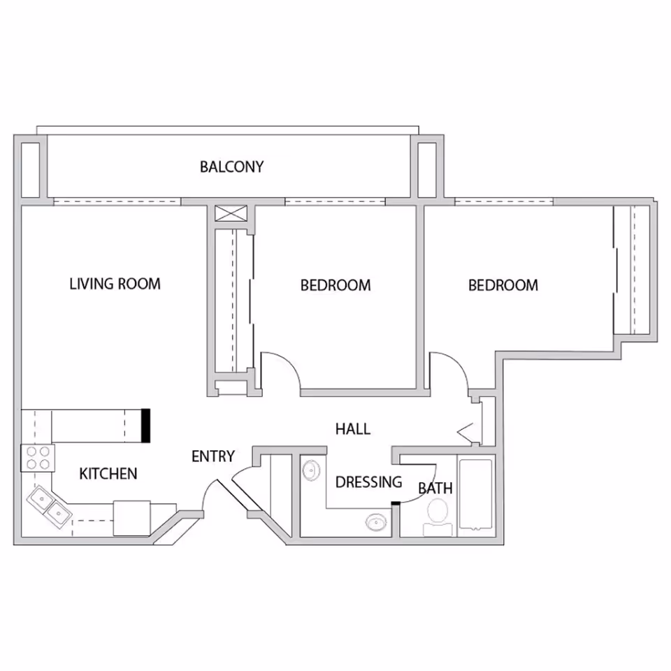 Architectural floor plan of a residential unit showing two bedrooms, a living room, kitchen, hall, dressing area, bathroom, entry, and a balcony.