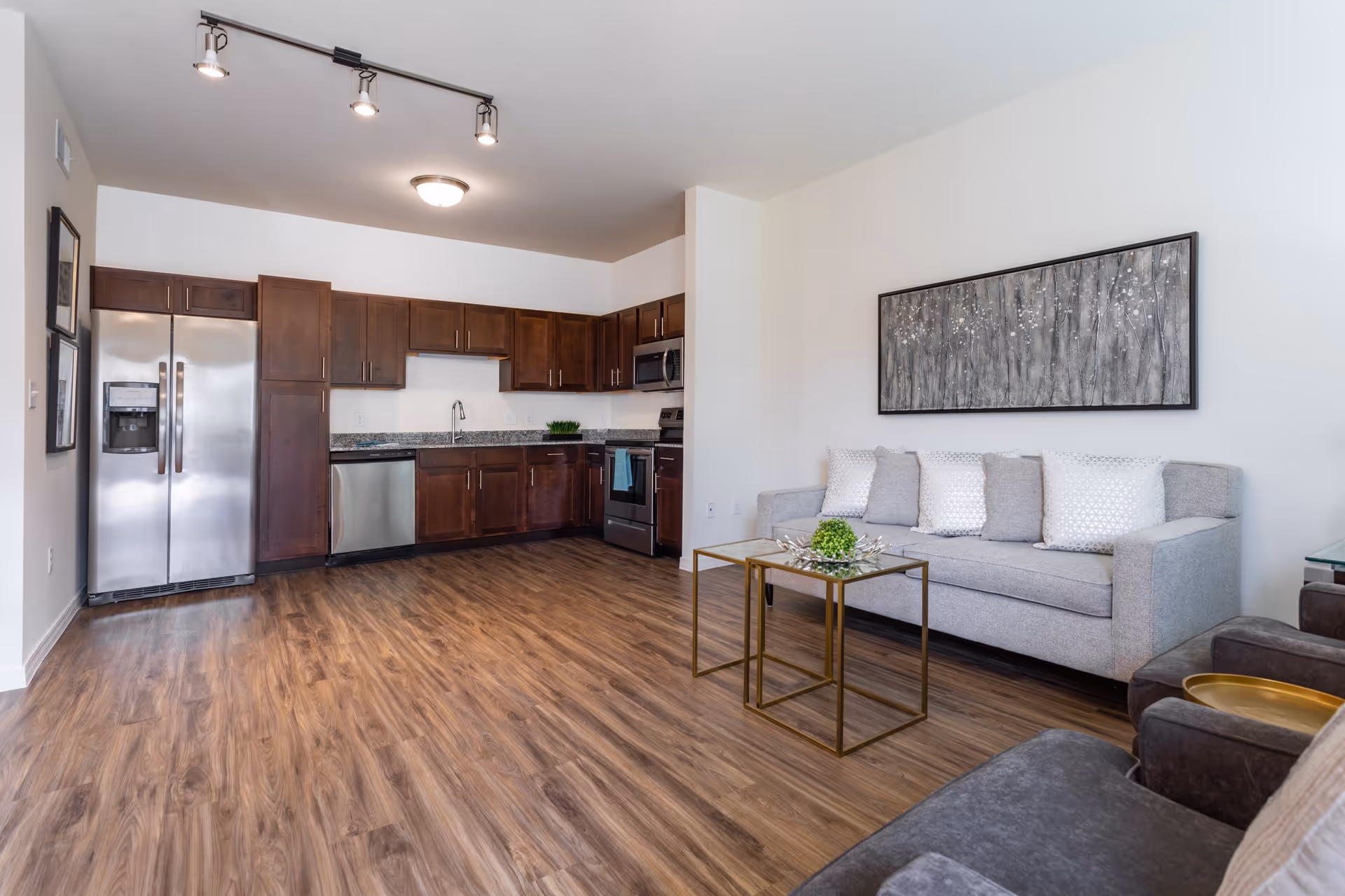 Open-plan living area with a gray sofa and coffee tables facing a kitchen with dark wood cabinets and stainless steel appliances.