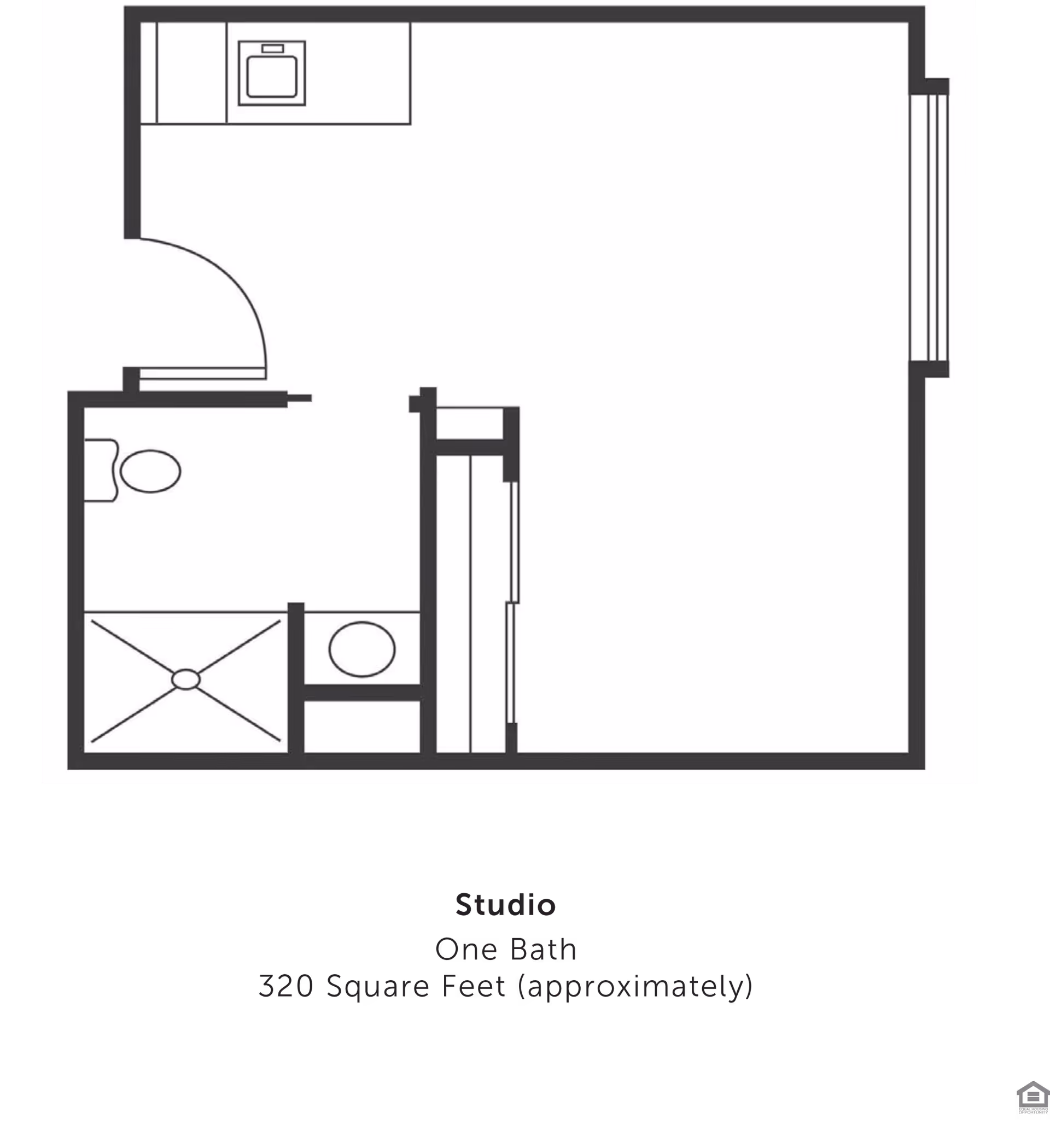 Black-and-white floor plan of a studio apartment showing a kitchenette, bathroom with shower and toilet, and an open living area.