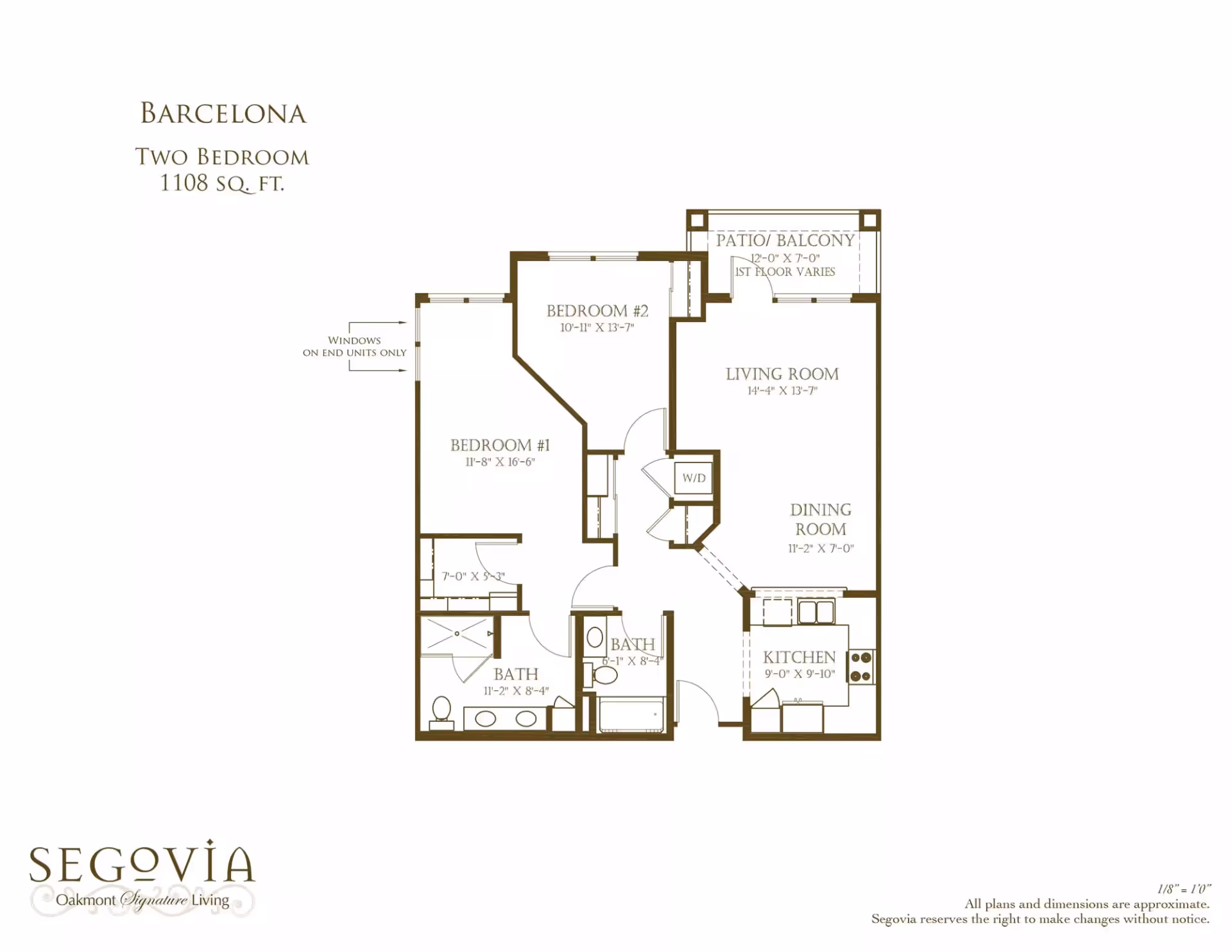 Floor plan of a two-bedroom apartment named Barcelona with 1108 square feet, showing the layout of bedrooms, bathrooms, living room, dining room, kitchen, patio/balcony, and washer/dryer area.