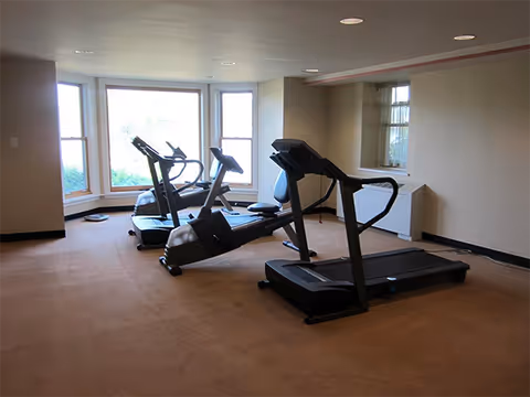 A small exercise room with three pieces of cardio equipment including a treadmill and two elliptical machines, beige walls, carpeted floor, and large windows letting in natural light.
