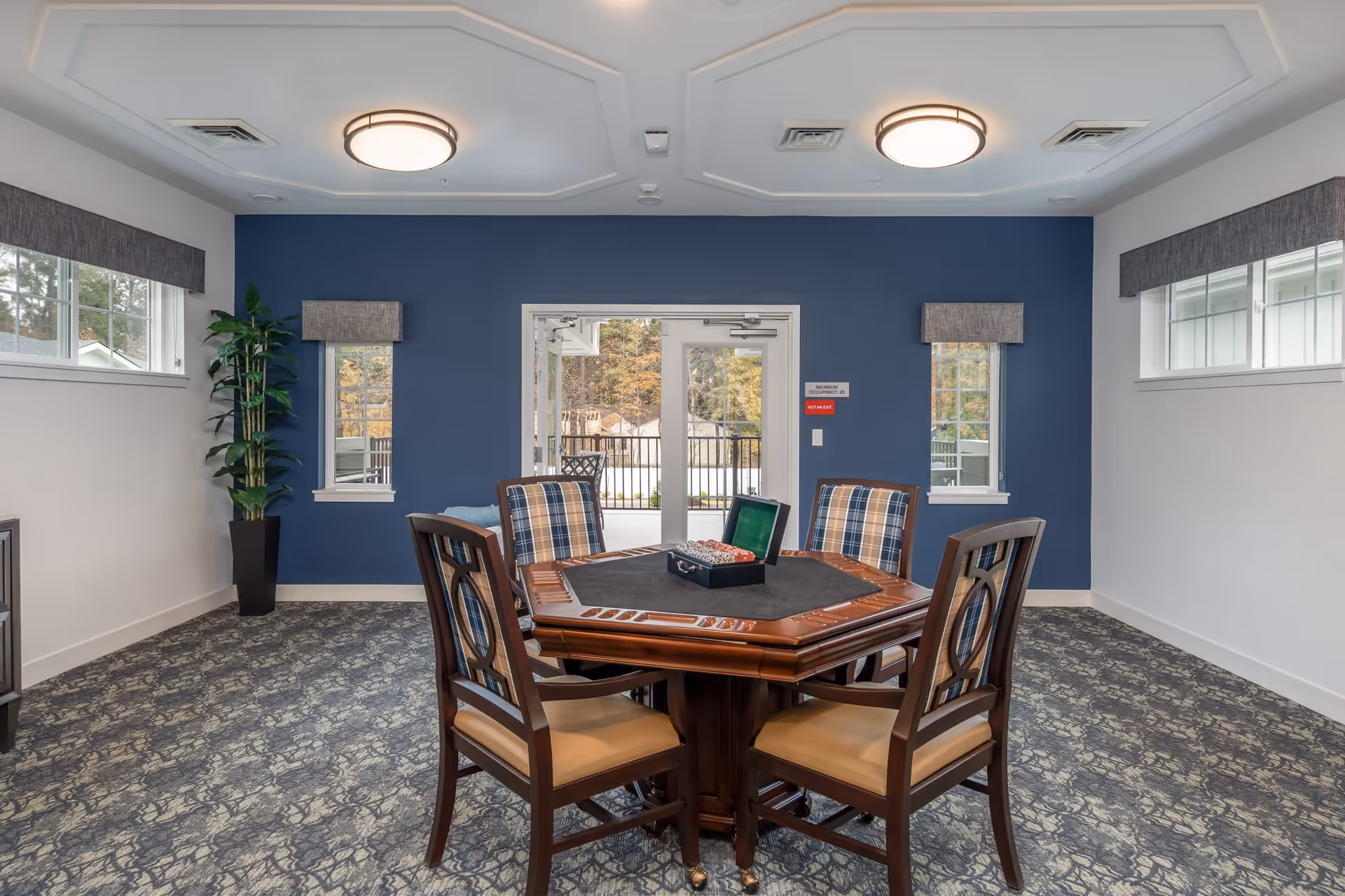 A well-lit room with a patterned carpet and a blue accent wall featuring two windows and a glass door leading outside. In the center is a wooden octagonal table with a black felt surface, surrounded by four chairs with plaid upholstery. A tall green plant in a black pot is placed near the left window.