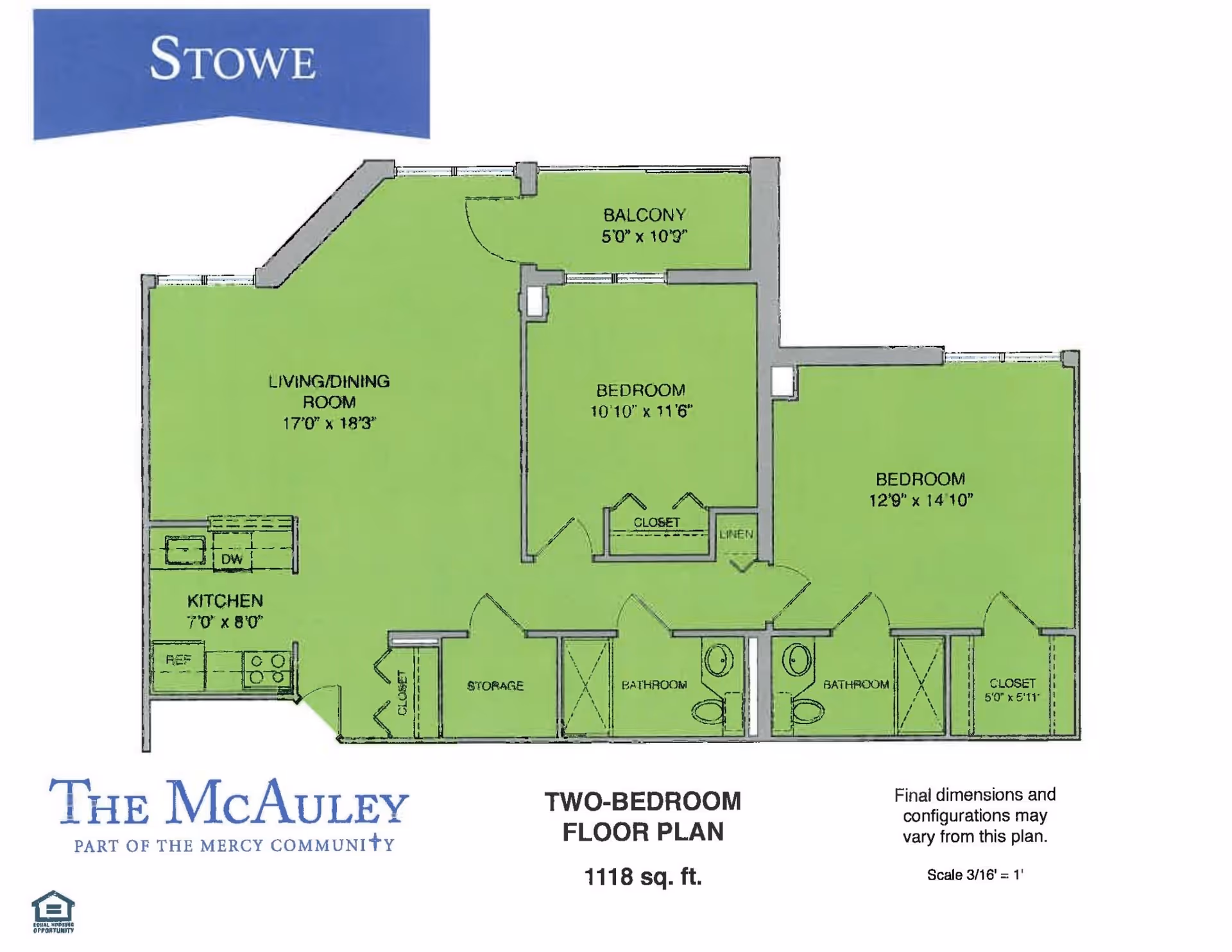 Floor plan of a two-bedroom apartment named Stowe at The McAuley, showing a living/dining room, kitchen, two bedrooms, two bathrooms, storage, closets, and a balcony. The total area is 1118 square feet.