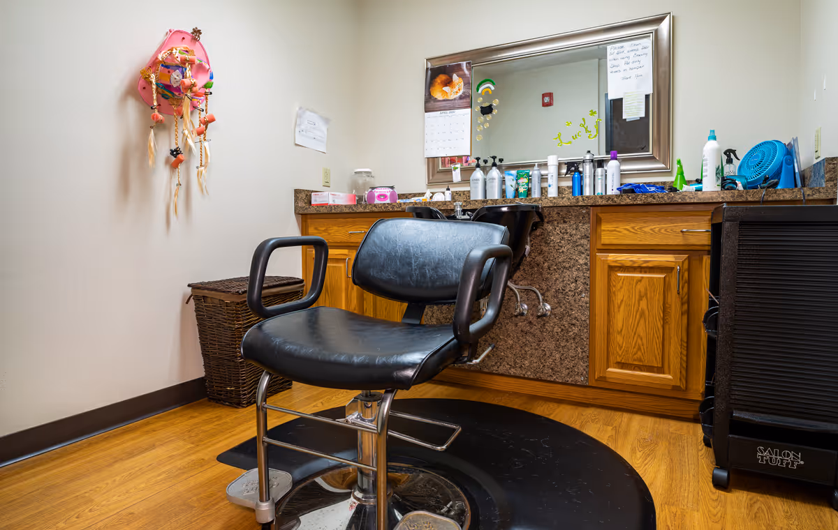 A salon chair in front of a mirror and countertop with sinks, hair products and cabinets in a grooming room.