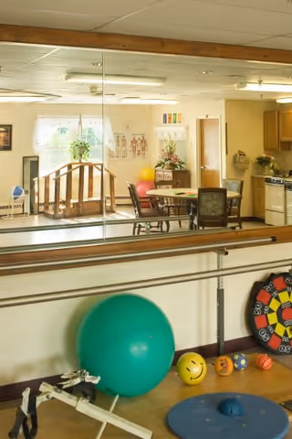 Physical therapy or exercise room with a large green exercise ball, small colorful balls, a dartboard, and exercise equipment. A mirror reflects a room with a table, chairs, a kitchen stove, and a window with plants.