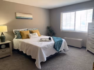 A bright bedroom with a neatly made bed featuring white bedding, green and beige pillows, and a teal throw blanket. There is a nightstand with a lamp and clock on the left side of the bed, a dresser on the right side near a window with white blinds, and a small plant in the corner. A piece of artwork hangs above the bed.