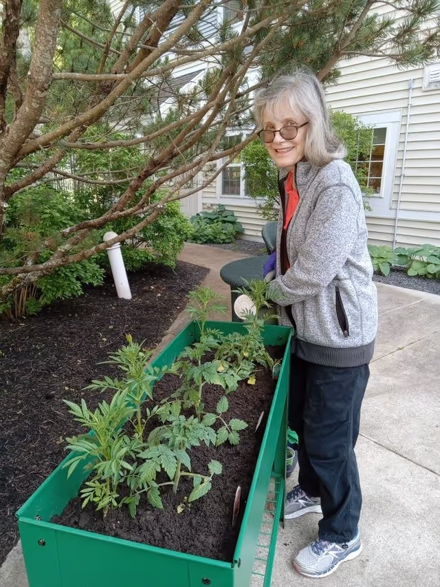 An elderly woman wearing glasses, a gray jacket, black pants, and sneakers is gardening in a raised green planter box filled with soil and young plants. She is outdoors near a building with beige siding and windows, standing on a concrete pathway surrounded by greenery and trees.
