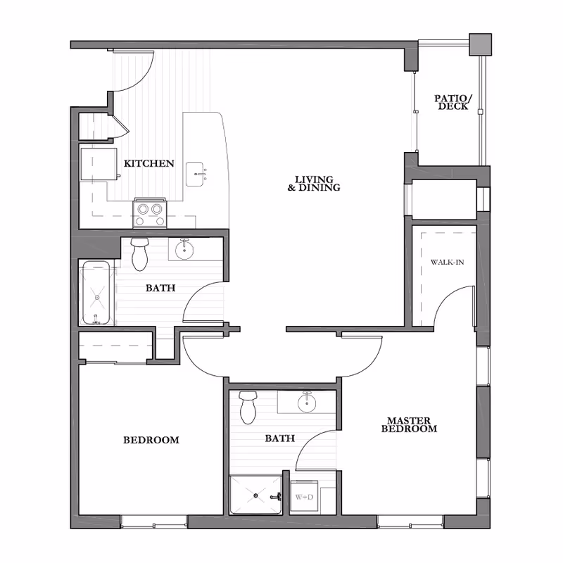 Black-and-white floor plan of a two-bedroom apartment showing a kitchen, living & dining area, two bathrooms, a master bedroom with walk-in closet, and a patio/deck.