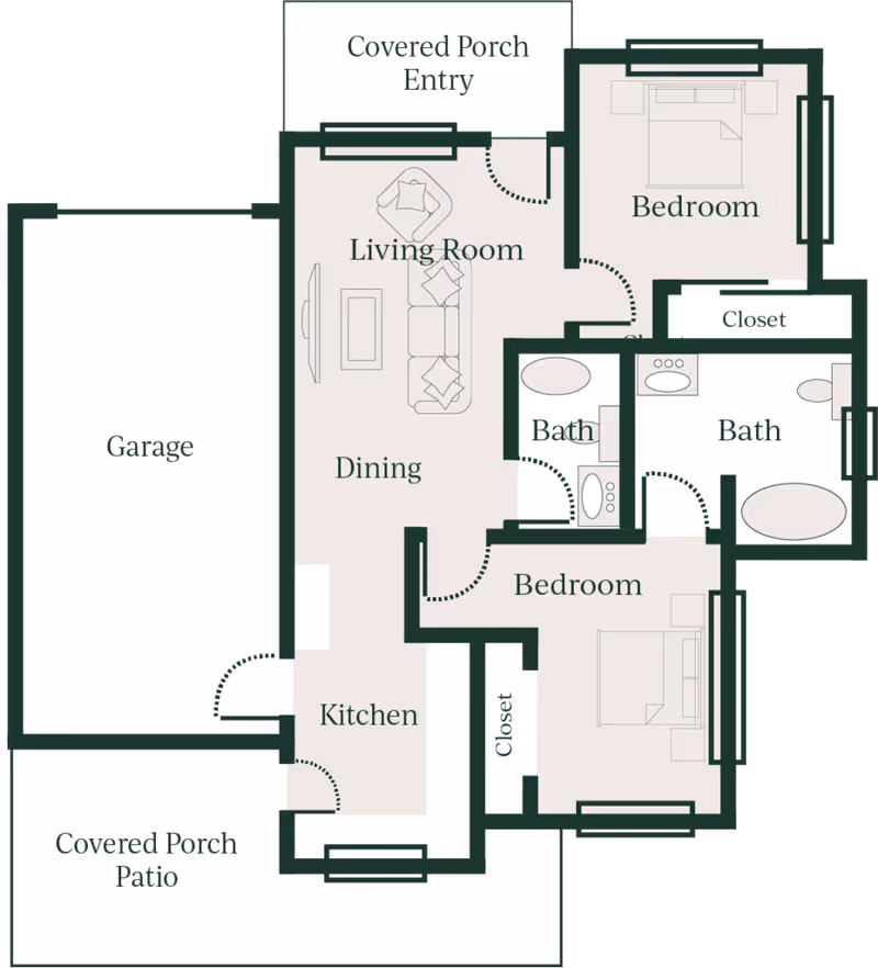 Graphic floor plan showing two bedrooms, two bathrooms, a living/dining area, kitchen, garage, and covered porch/patio.