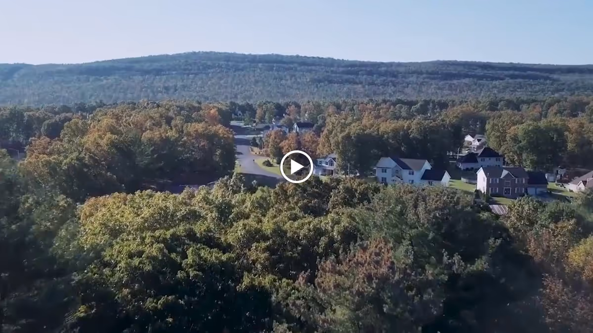 Aerial view of a residential area surrounded by dense green trees with hills in the background under a clear sky.