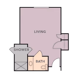 Floor plan layout showing a living area labeled 'LIVING', a bathroom labeled 'BATH' with a toilet and sink, and a separate shower area labeled 'SHOWER'. The plan includes doorways connecting the spaces.